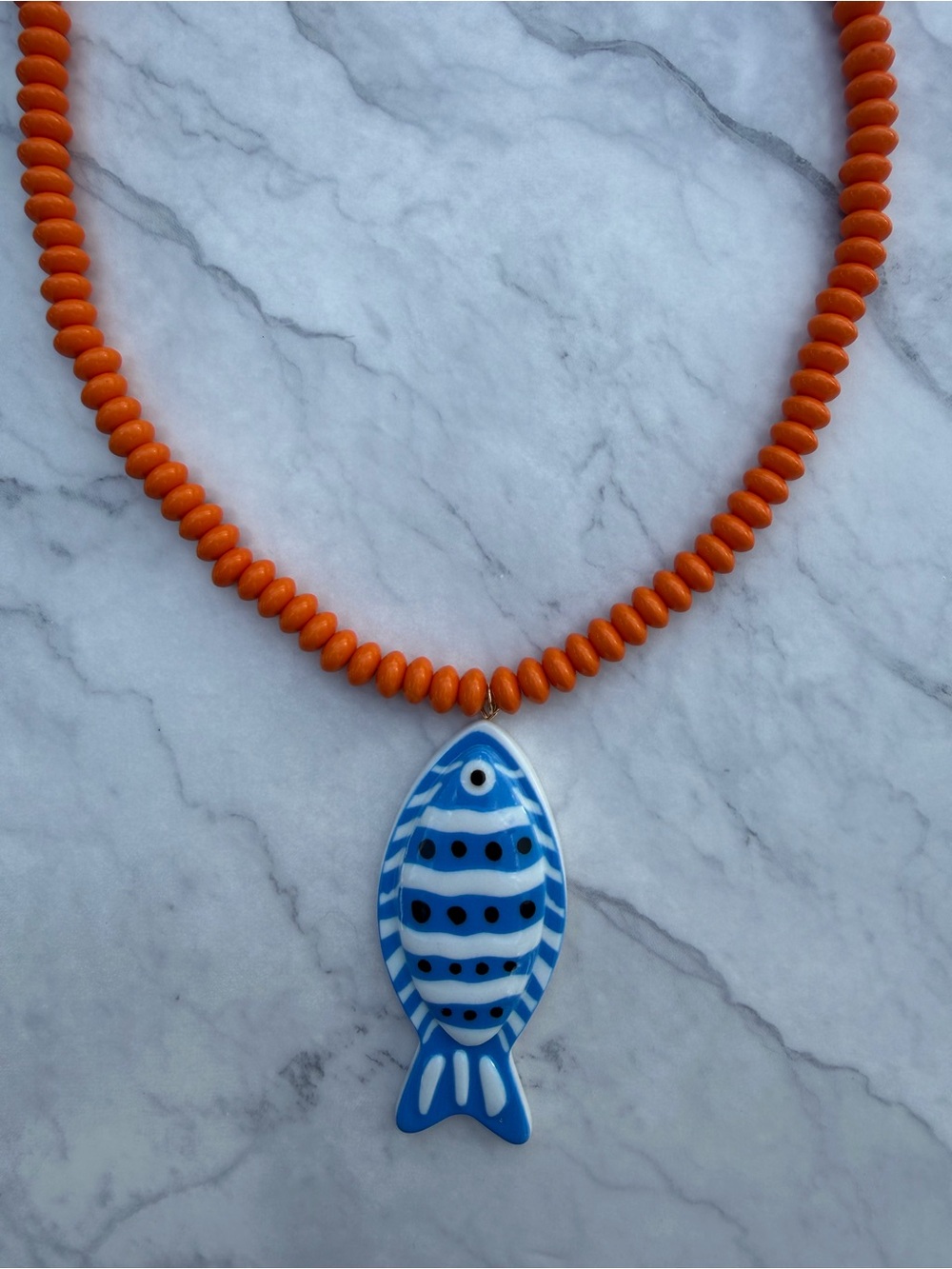 Blue Fish Pendant Necklace with Orange Beaded Cord - Picture 2 of 3
